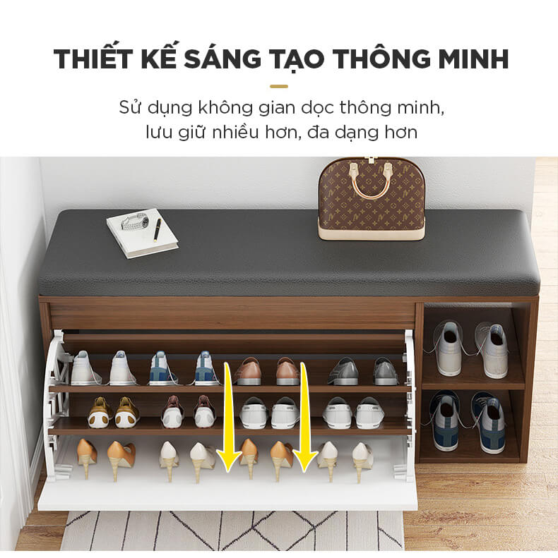 Tủ Giày Gỗ 100cm MDF Phủ Melamine Chống Ẩm Cánh Lật Siêu Gọn 3 Ngăn Kèm Ghế Đệm Da