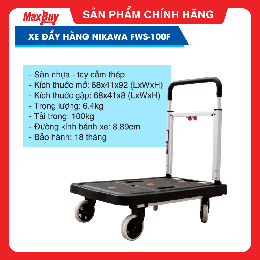 Xe đẩy hàng, xe kéo hàng Nikawa FWS-100F, 4 bánh, tải trọng 100kg, sàn nhựa.