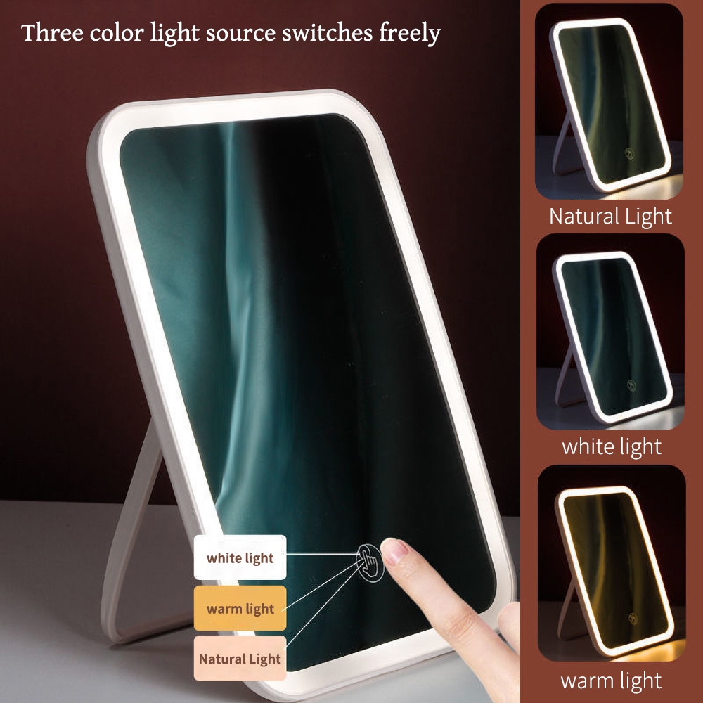 Gương Để Bàn Đèn LED Gương Cảm Ứng Để Bàn Trang Điểm Gương Có 3 Chế Độ Sáng Đổi Màu Sạc USB 23x16cm