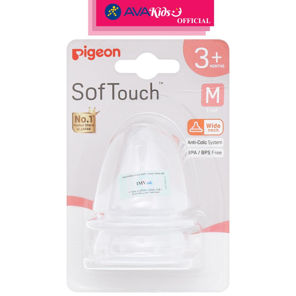 Bộ 2 núm ti Pigeon siêu mềm Plus WN3 cổ rộng size M (3 - 6 tháng) - Hàng Chính Hãng