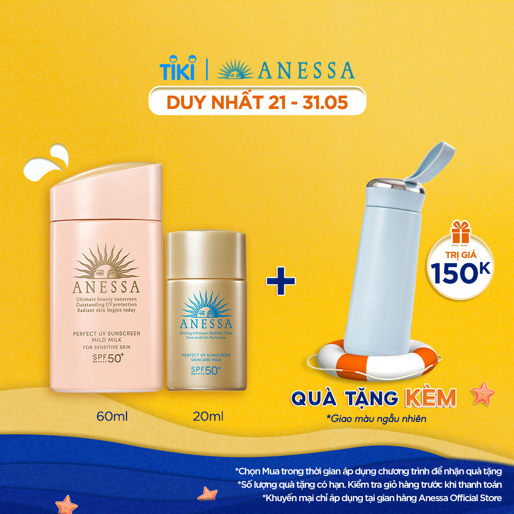 Bộ đôi Kem chống nắng dịu nhẹ cho da nhạy cảm và trẻ em Anessa SPF 50+ PA++++ 60ml + Kem chống nắng dưỡng da dạng sữa bảo vệ hoàn hảo Anessa SPF 50+ PA++++ 20ml