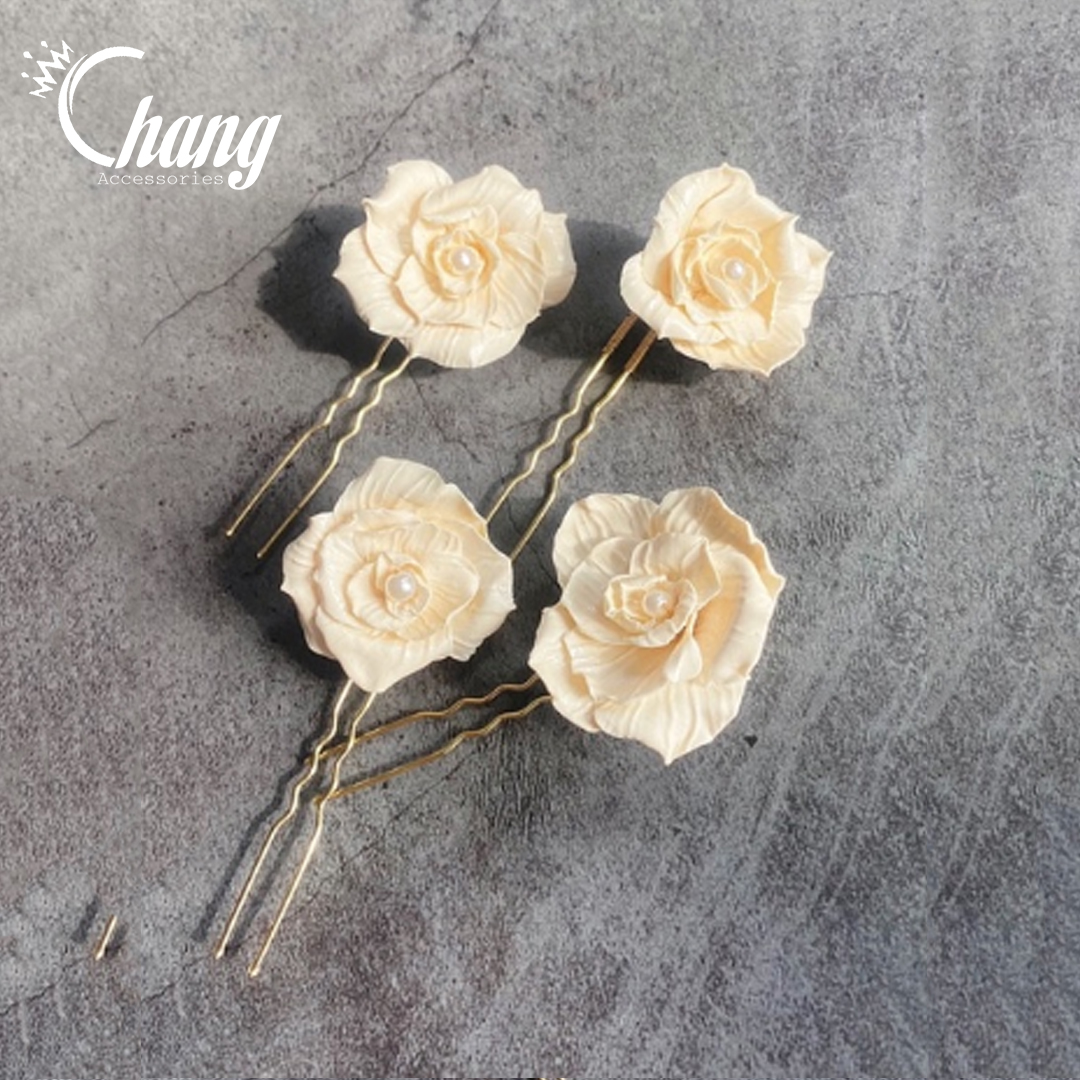 Ghim cài tóc cô dâu, dự tiệc, sự kiện, biểu diễn thiết kế 1 bông hoa đơn giản sang trọng màu ngà xinh xắn GCT1H1