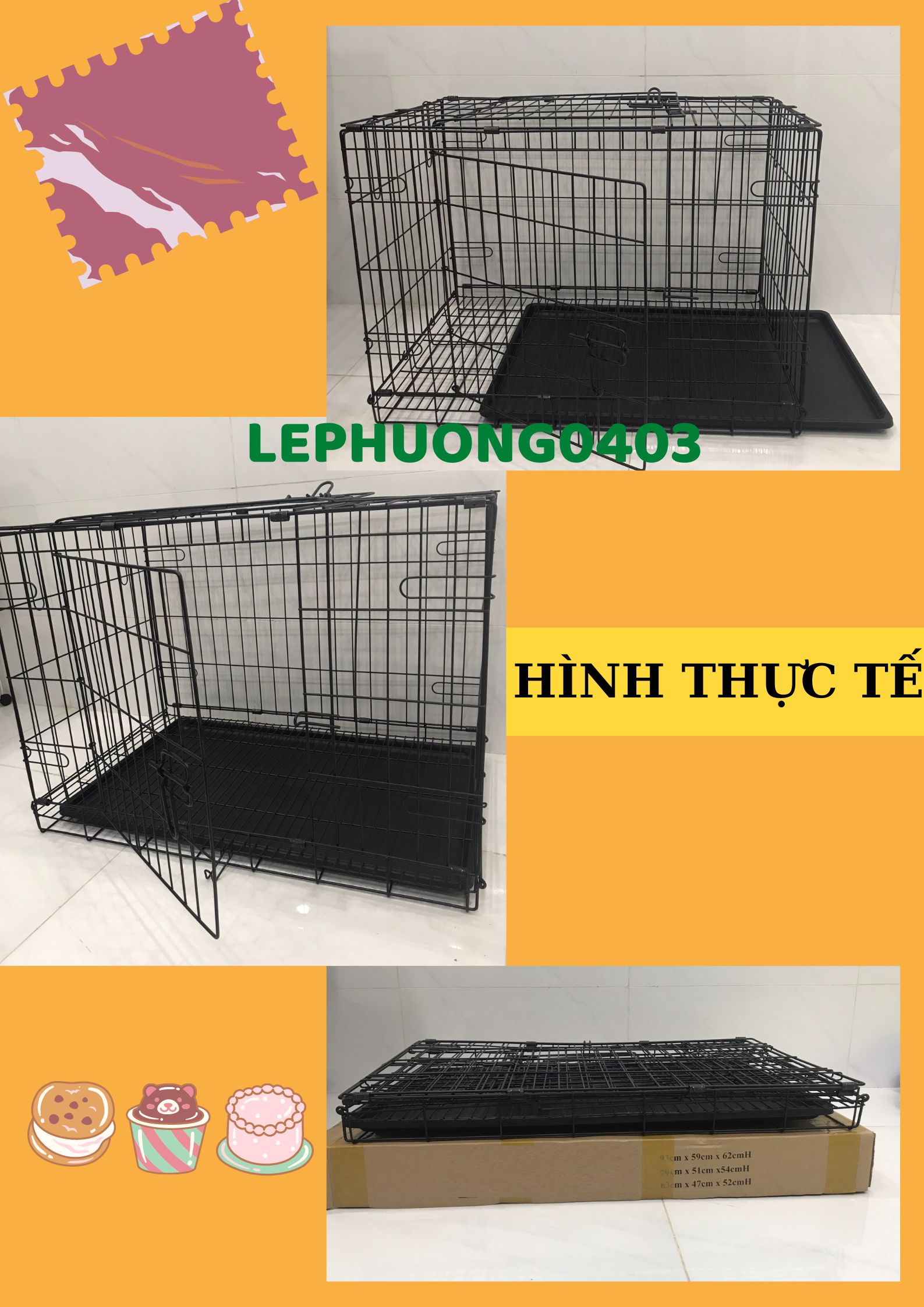 Tặng Kèm Khay Vệ Sinh Chuồng, Lồng Thú Cưng Chó Mèo Pet Gấp Gọn Nan Cực Dày Size 80*55*50cm