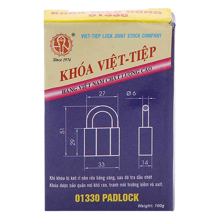 Ổ Khoá Việt Tiệp Đồng 51 x 33 Ống Phi 6Ly ( Khoá Chìa )