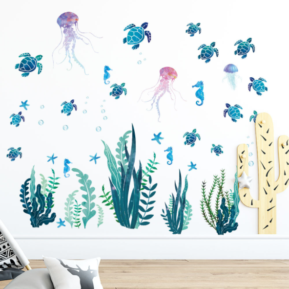 Decal trang trí tường - Rùa xanh , Bạch Tuộc , Và Cá