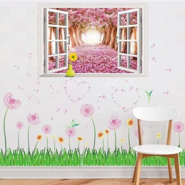 Decal dán tường Khung cửa hoa đào