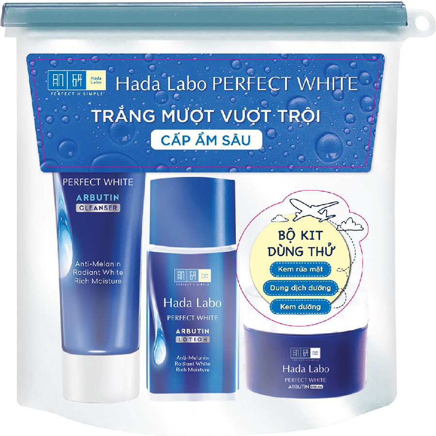 Bộ Dưỡng Da Trắng Mượt Vượt Trội Hada Labo Perfect White Trial Set (Kem Rửa Mặt 15g + Dung Dịch Dưỡng 20ml + Kem Dưỡng 12g)