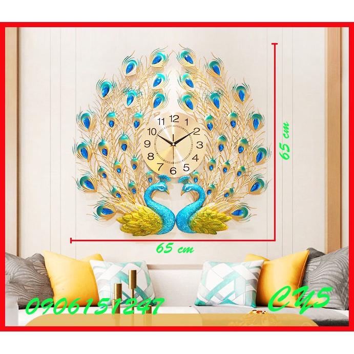 Đồng hồ treo tường trang trí decor chim công CY5 Khổng Tước xanh kích thước 65  x 65 cm