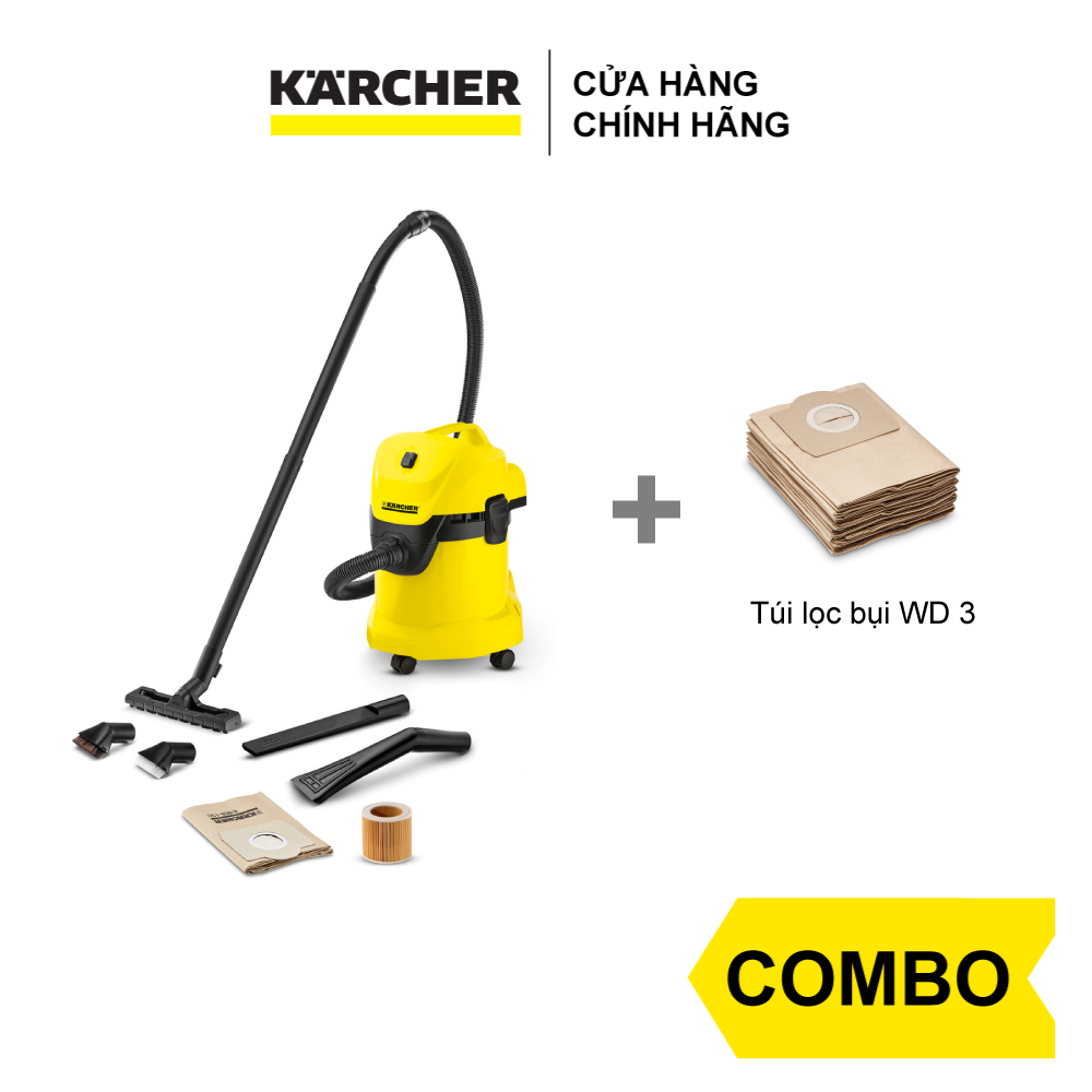 Combo Máy hút bụi khô &amp; ướt cao cấp Karcher WD 3 Car và túi lọc bụi - Hàng Chính Hãng