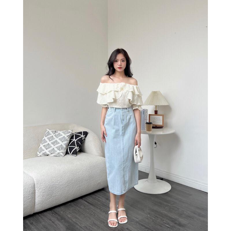 Chân váy jean bò nữ v238806 suông dáng dài cạp cao germe