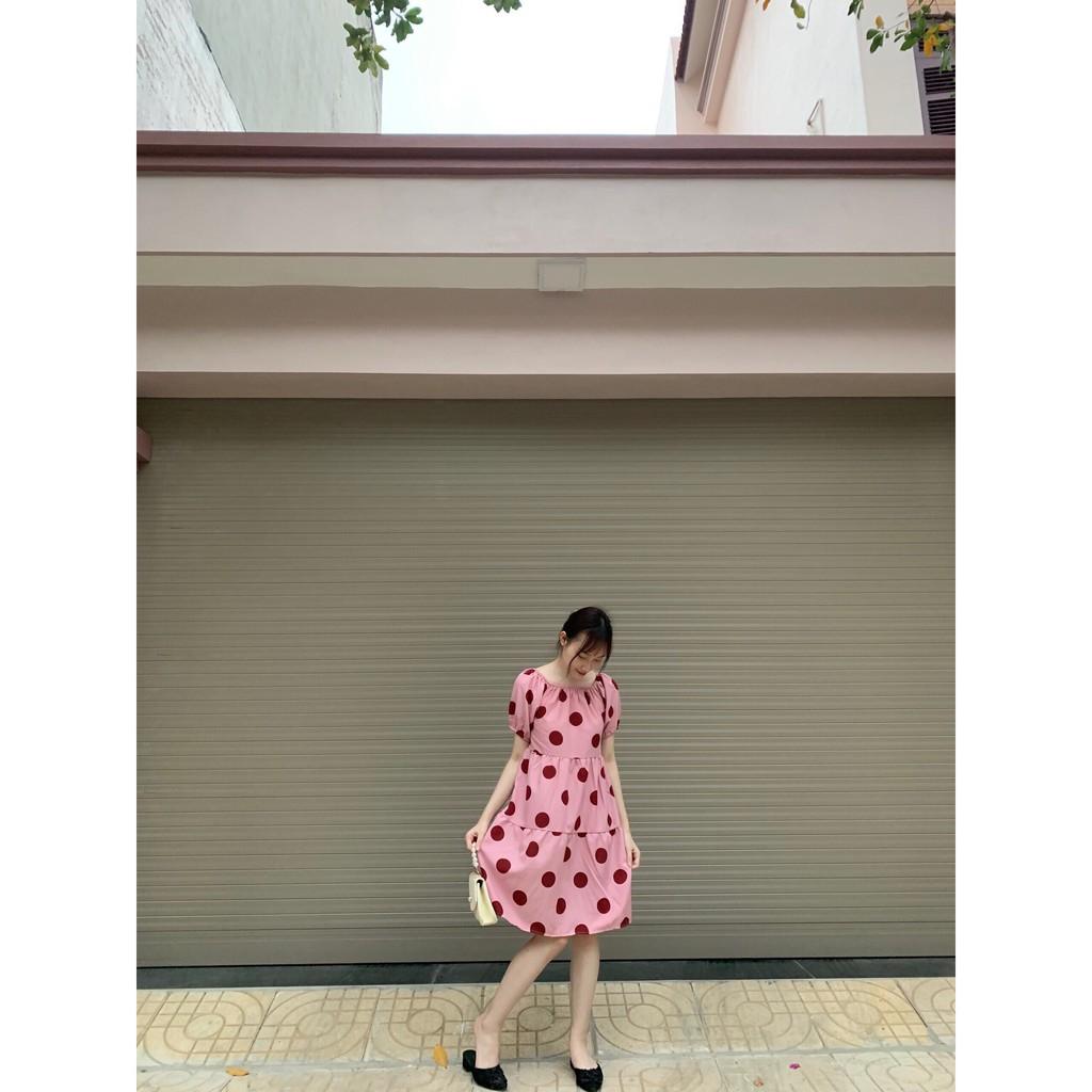 Váy bầu thiết kế xinh dáng suông babydoll thời trang màu hồng chấm bi freesize 40-68kg