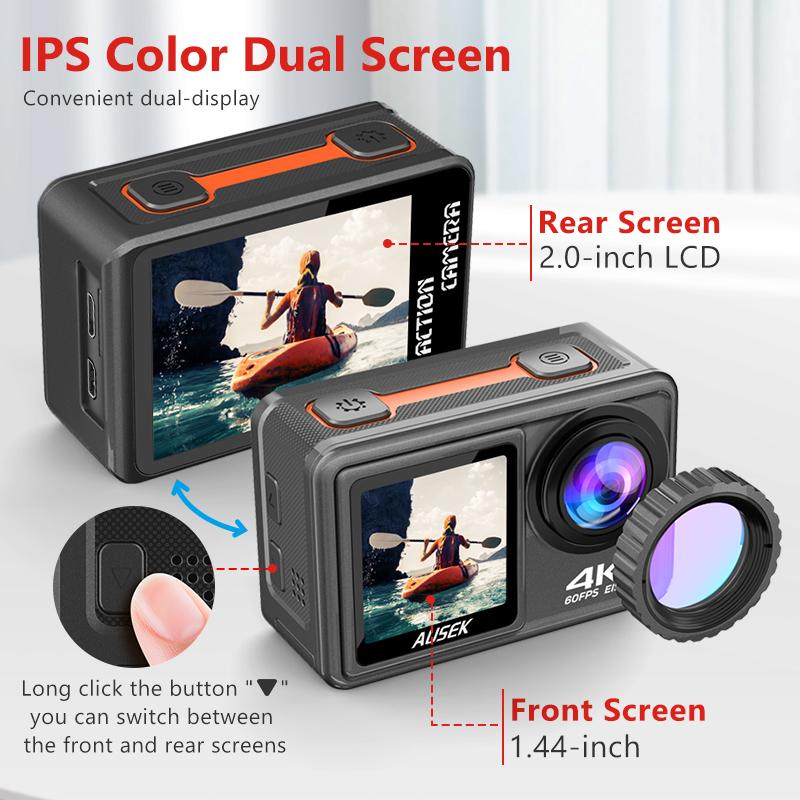 KEELEAD Action Camera with Removable Filter Lens 4K 60FPS 20MP 2.0-inch LCD EIS Dual Screen Video Shooting Waterproof Sports Cam