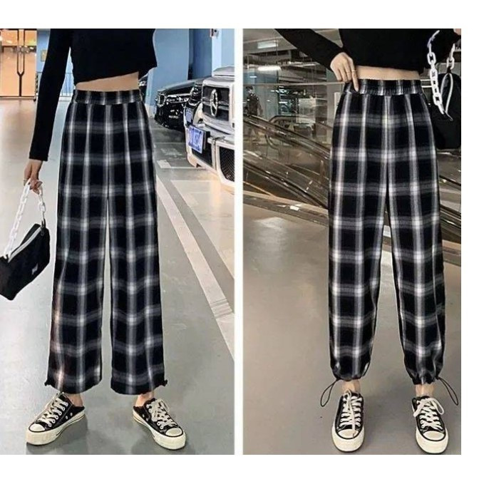 Quần suông dài có chun ống, KẺ CARO cá tính