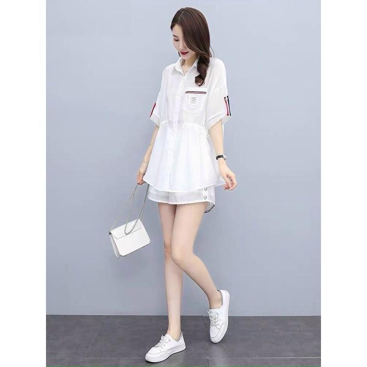 Set short sơ mi rút eo phối viền