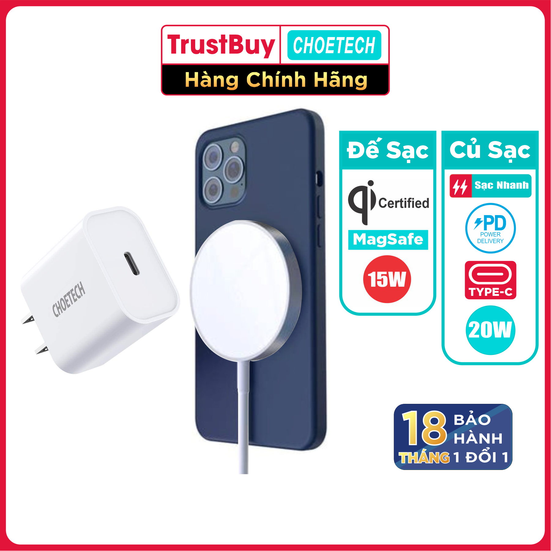 Combo Đế Sạc Không Dây Mag.Safe Nam Châm 15W CHOETECH T517 Và Củ Sạc Type C 20W PD5005 Dành Cho iPhone 12, iPhone 13, iPhone 14, iPhone 15 - Hàng Chính Hãng