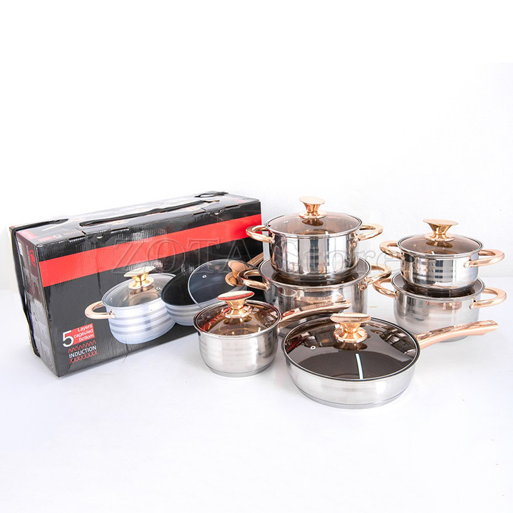 Bộ Nồi Đức 6 Món 12 chi tiết - Bộ Nồi Inox 5 Đáy Dùng Cho Mọi Loại Bếp