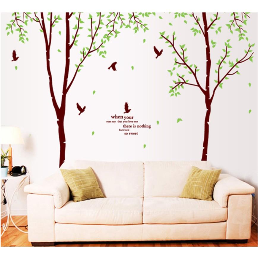 Decal trang trí tường - 2 Cây mỏng lá xanh nhí Chim Đen size lớn