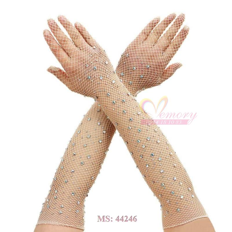 Găng tay sang chảnh màu nude da dạng lưới đính đá lấp lánh cho Cô dâu và Dạ hội, đi tiệc, sự kiện, lễ hội MS: 44246