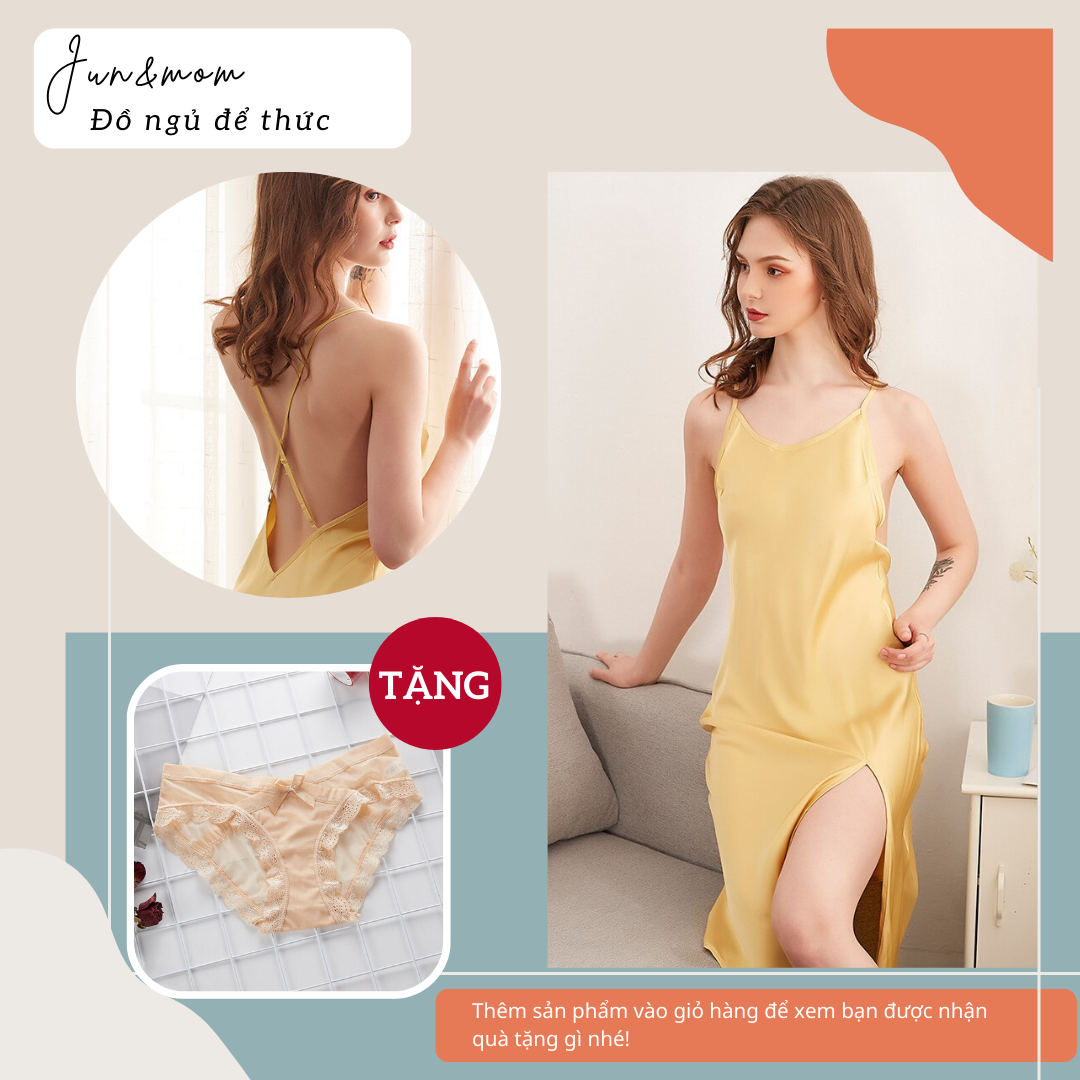 Váy ngủ dáng dài Jun&amp;mom_DN68 Chất lụa mềm mại - form chuẩn như hình