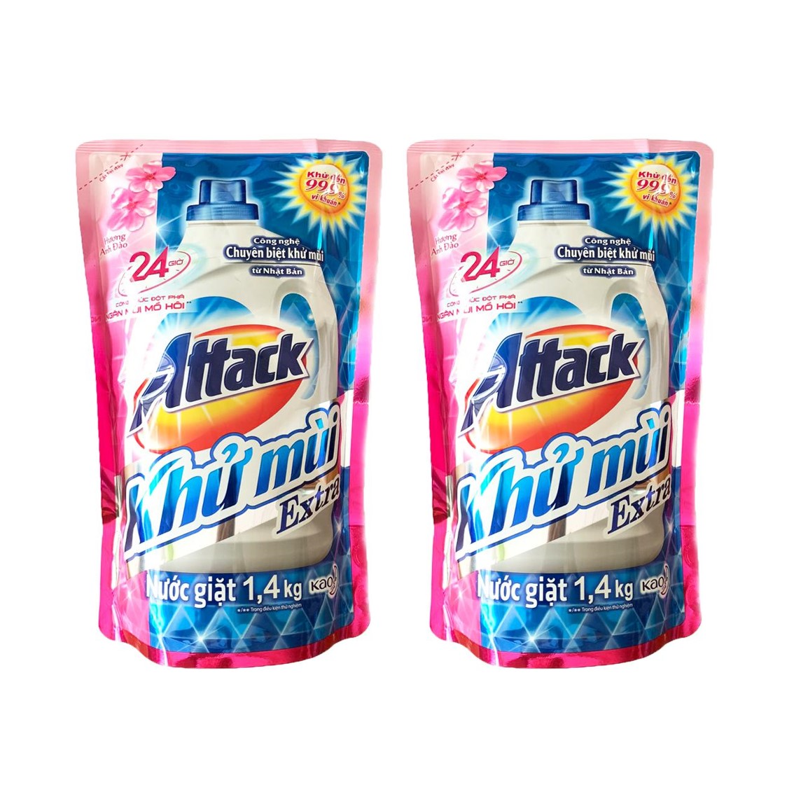 Combo 2 Túi Nước Giặt Attack Khử Mùi Extra Hương Anh Đào 1.4L