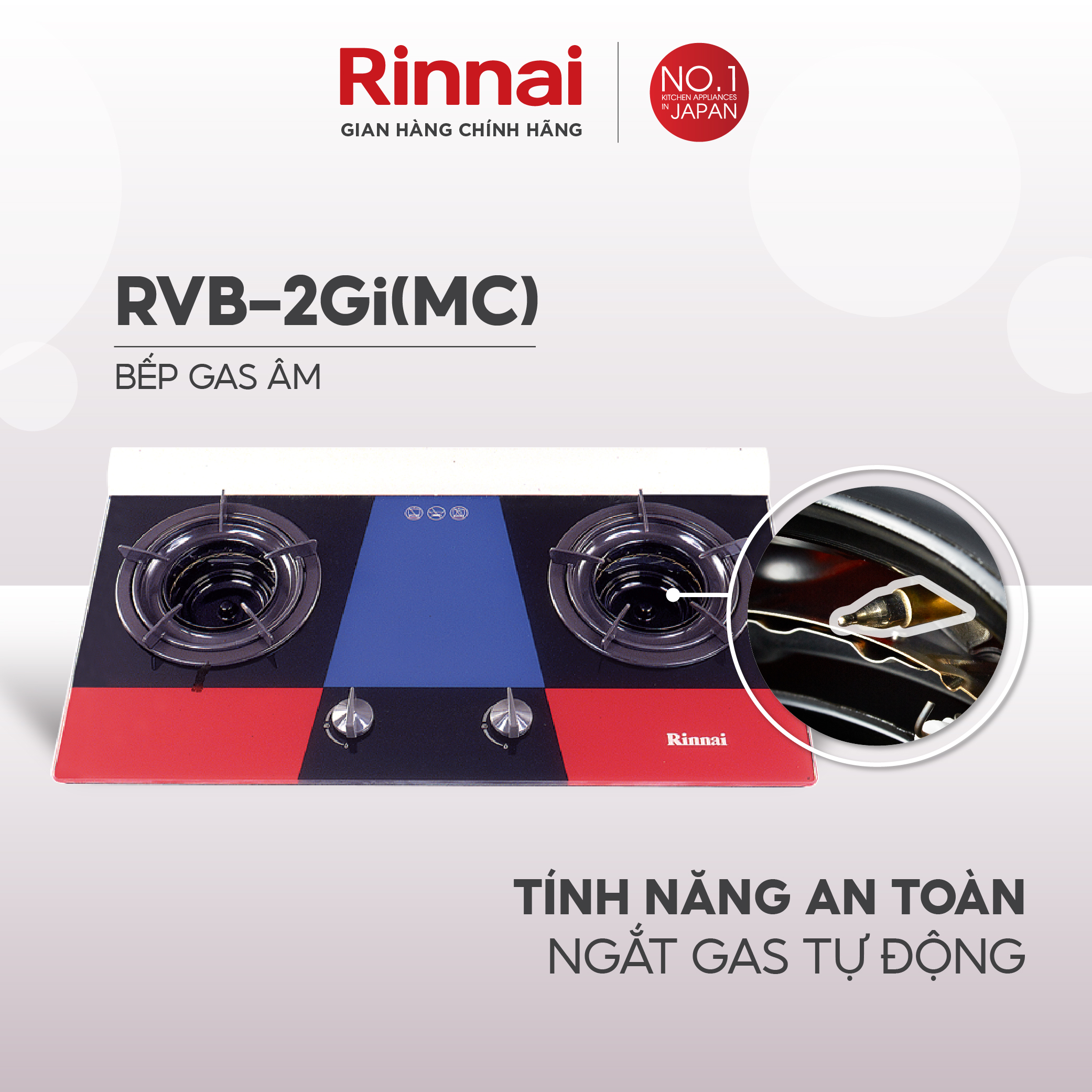 Bếp gas âm đầu đốt trong Rinnai RVB-2Gi mặt bếp kính và kiềng bếp men - Hàng chính hãng