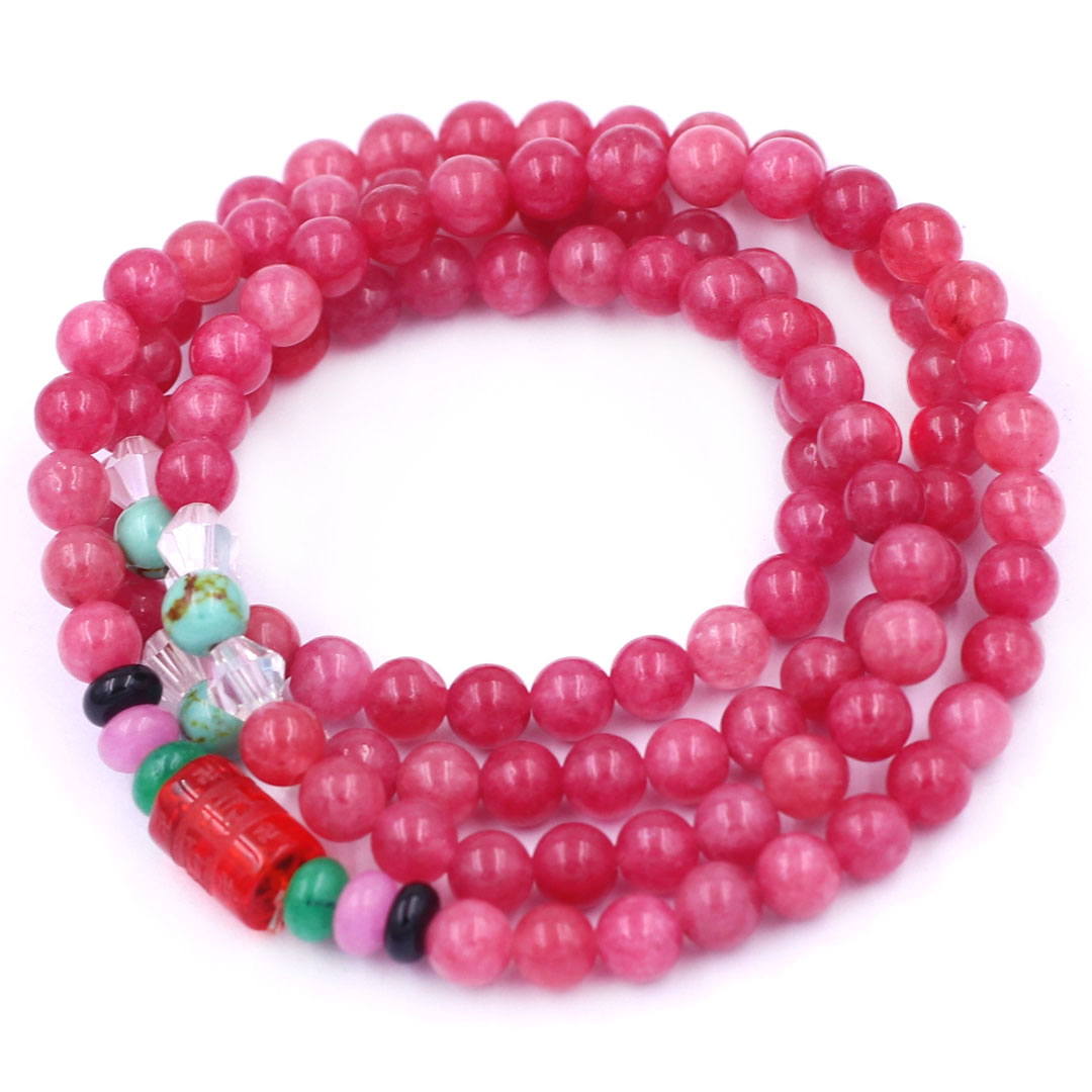 Vòng chuỗi 108 hạt đá hồng ngọc 6 ly charm lục tự kim ngôn, vòng chuỗi niệm Phật, vòng chuỗi đeo tay