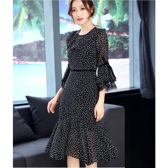 Đầm Xòe Chấm Bi Phối Ren Hàng Thiết Kế Cực Sang Trọng - BY1137