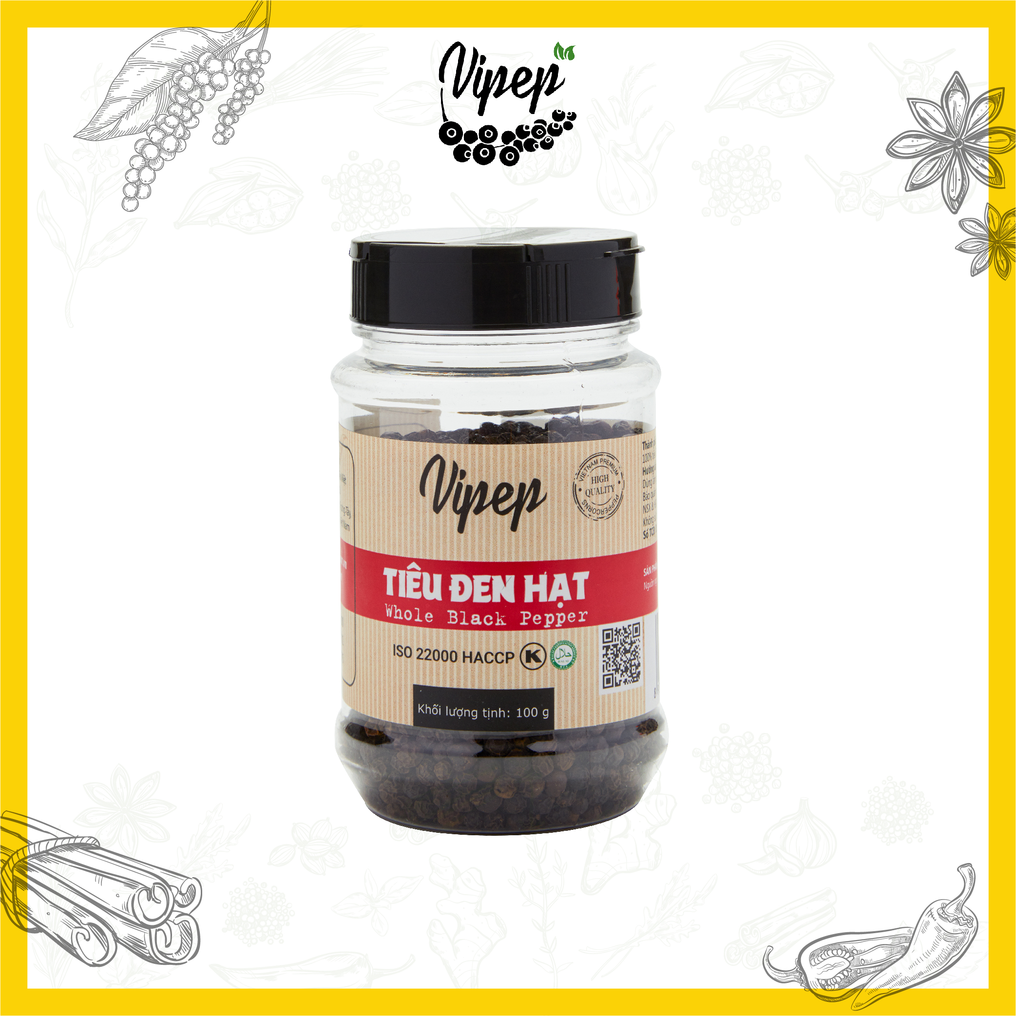 Tiêu đen nguyên hạt Vipep chắc đều không bị lép, dễ xay nhuyễn, gia vị tẩm ướp thơm ngon hũ 100g