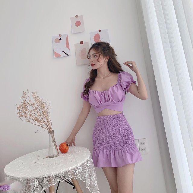 Set áo cột nơ phối chân váy nhún