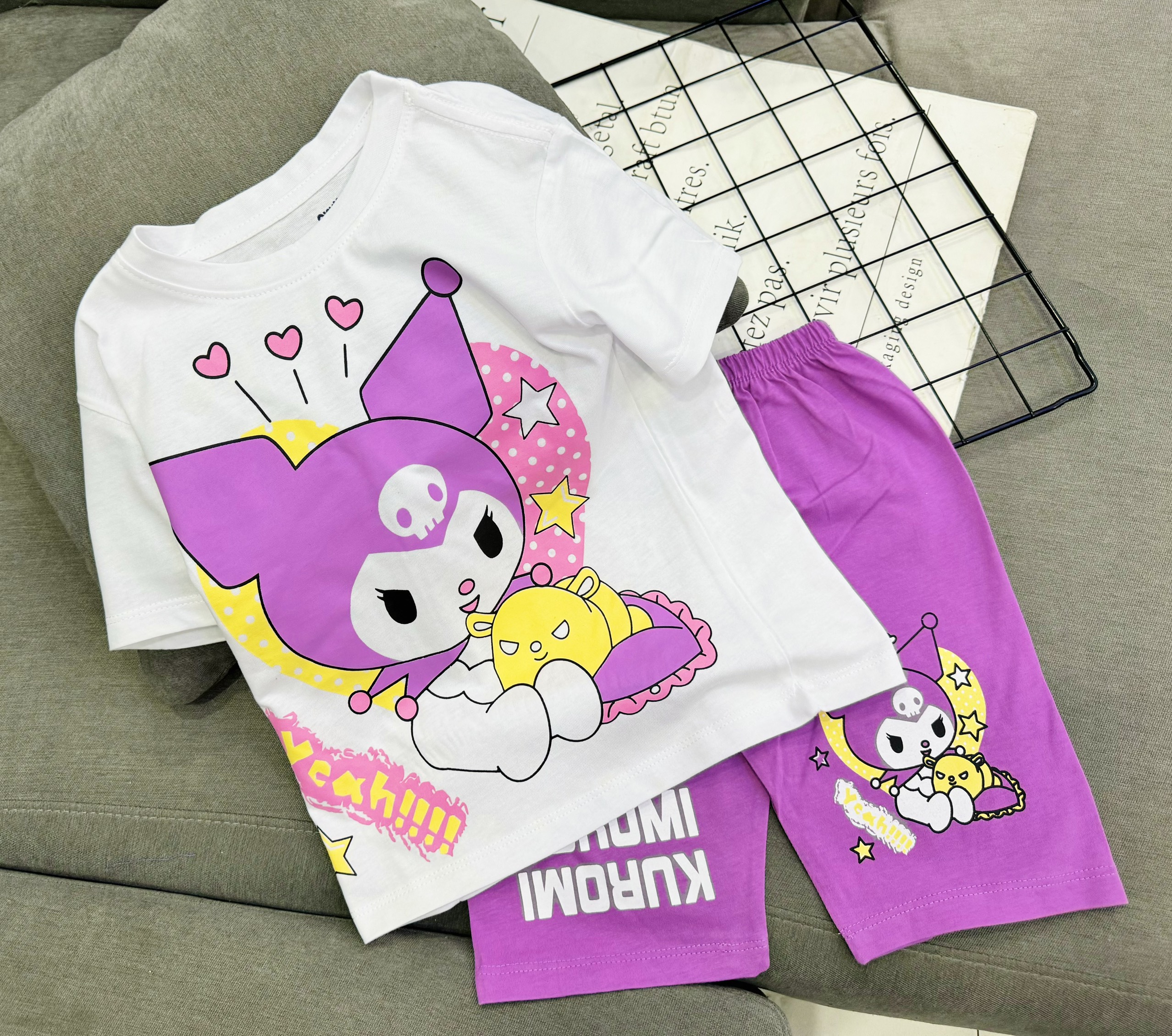 Đồ bộ bé gái, Bộ cộc tay cho bé gái hình kuromi gấu dâu melody từ 8-35kg chất cotton mềm mịn mát