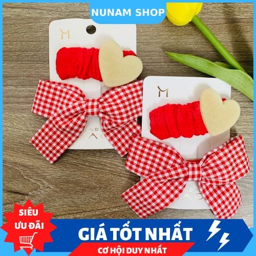 Set 2 kẹp tóc nhún tim và nơ caro màu đỏ cực xinh phong cách hàn quốc Nunam shop