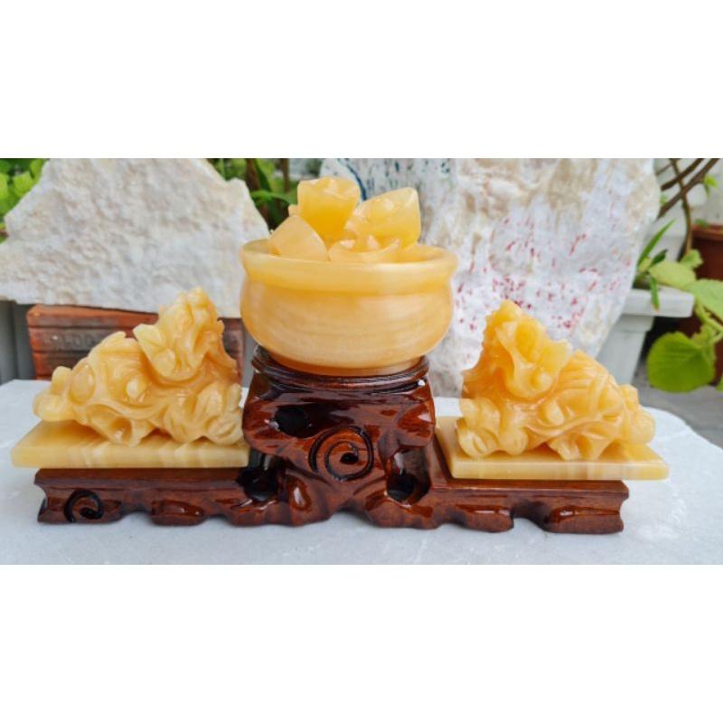 Bộ Tỳ Hưu 10cm + Bát tụ bảo 10cm + đế gỗ Đá ngọc Hoàng Long