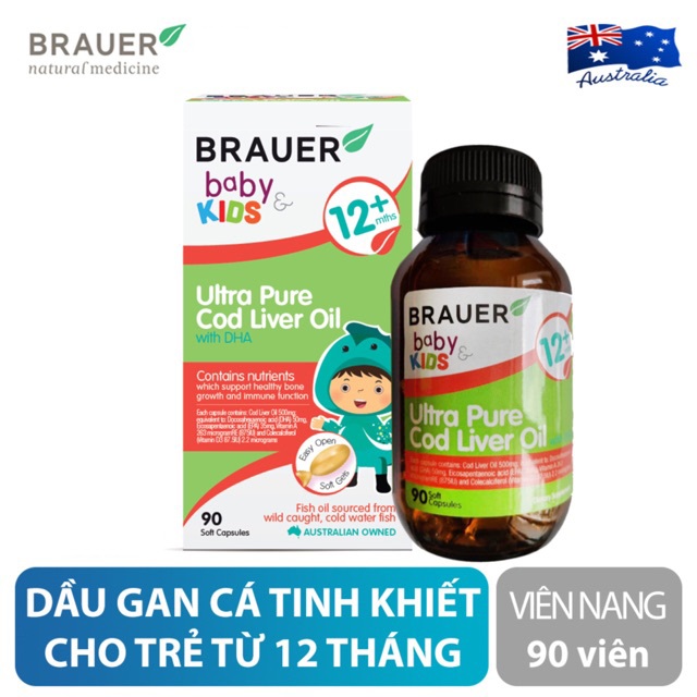 Viên mềm Dầu gan cá Tuyết tinh khiết và DHA Brauer Baby &amp; Kids Ultra Pure Cod Liver Oil with DHA cho bé trên 1 tuổi (90 viên) - Nhập khẩu Australia