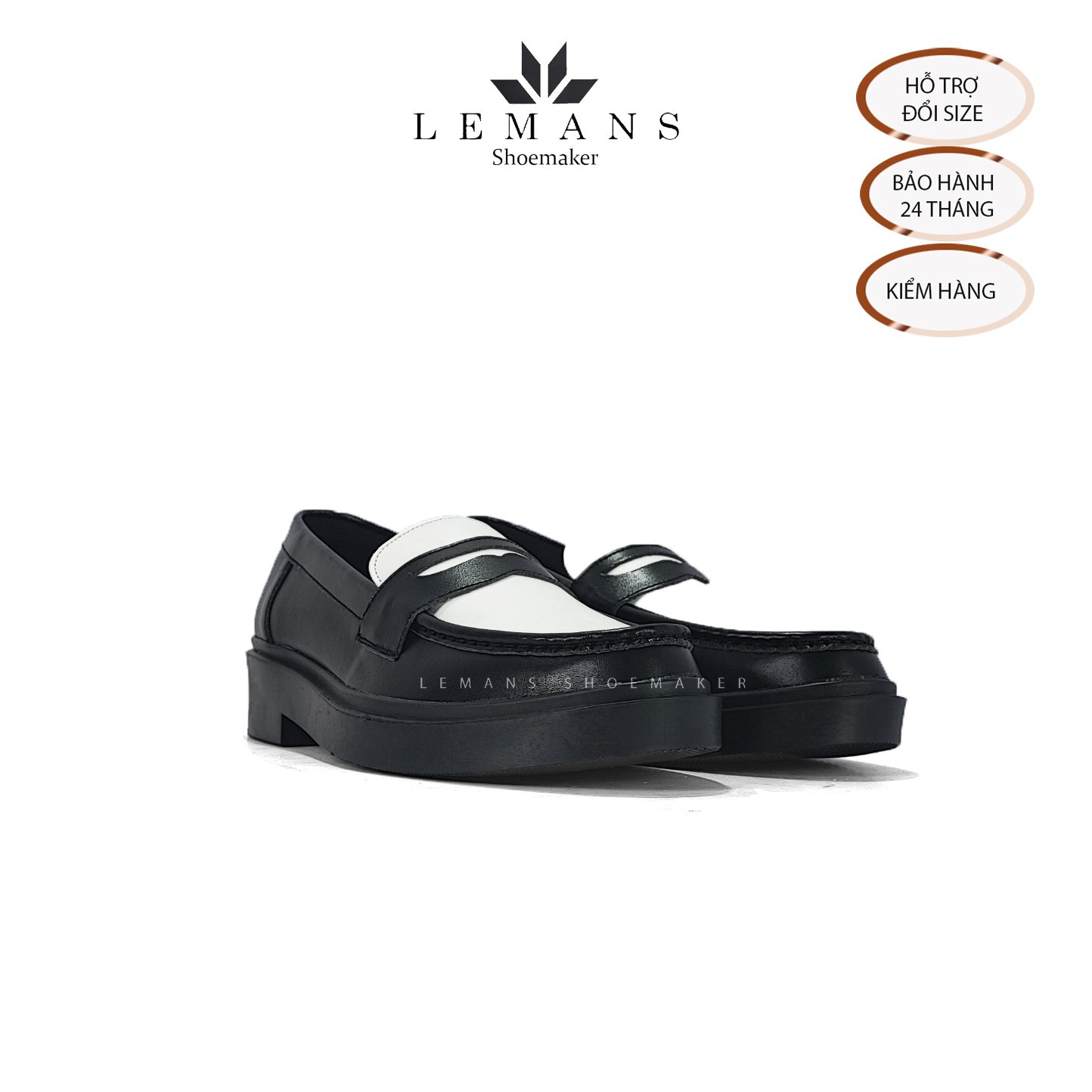 Giày da bò Penny Loafer Black White LEMANS, da bò thuộc nguyên tấm, tăng chiều cao 4cm, bảo hành 24 tháng