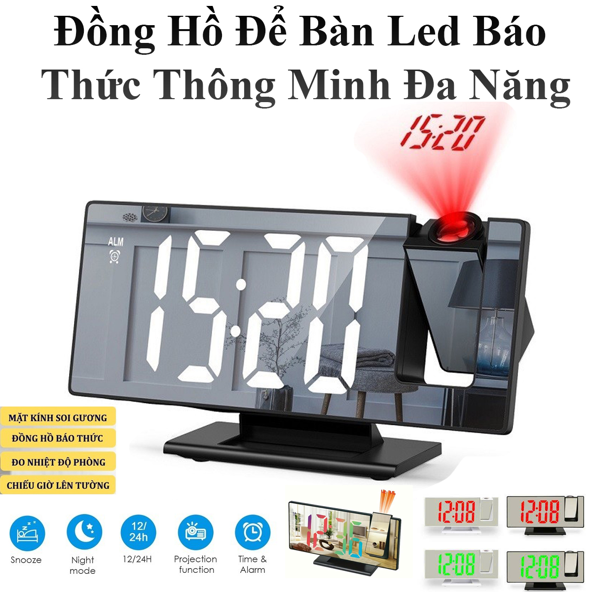 Đồng Hồ Led Chiếu Giờ Lên Trần Nhiều Màu Có Báo Thức Và Hiển Thị Nhiệt Độ.