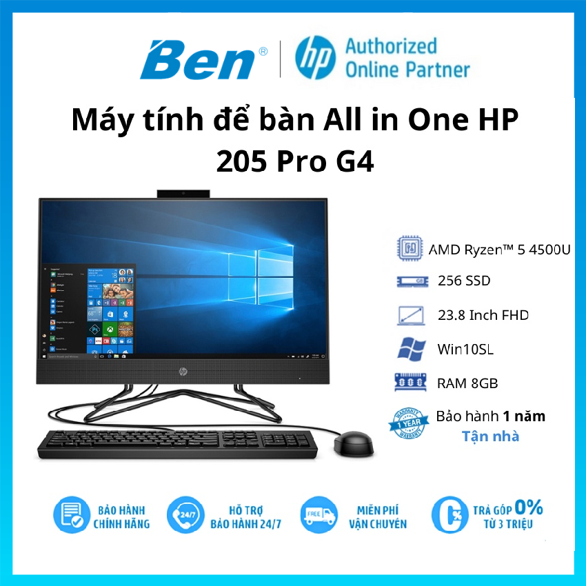 Máy tính để bàn All in one HP 205 Pro G4 (31Y21PA)/ Đen/ AMD Ryzen 5 - 4500U (2.3Ghz, 11MB)/ RAM 8GB/ 256GB SSD - Hàng chính hãng