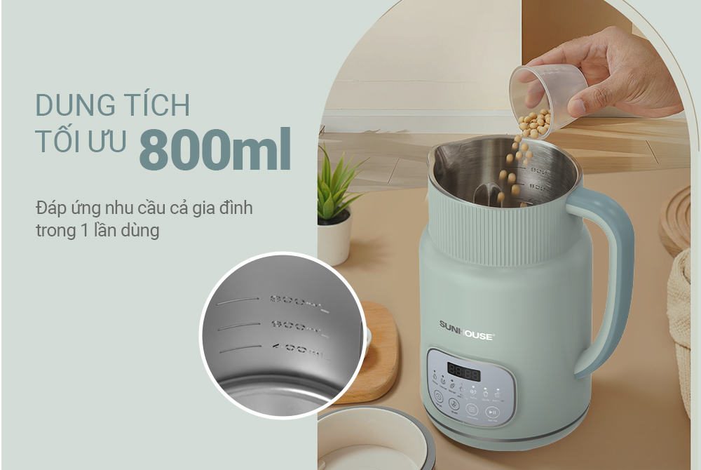 Máy Làm Sữa Hạt Đa Năng Sunhouse SHD5260 – 800ml Cối 2 lớp Lưỡi dao kép 8 cánh, Hẹn giờ nấu thông minh - Hàng chính hãng