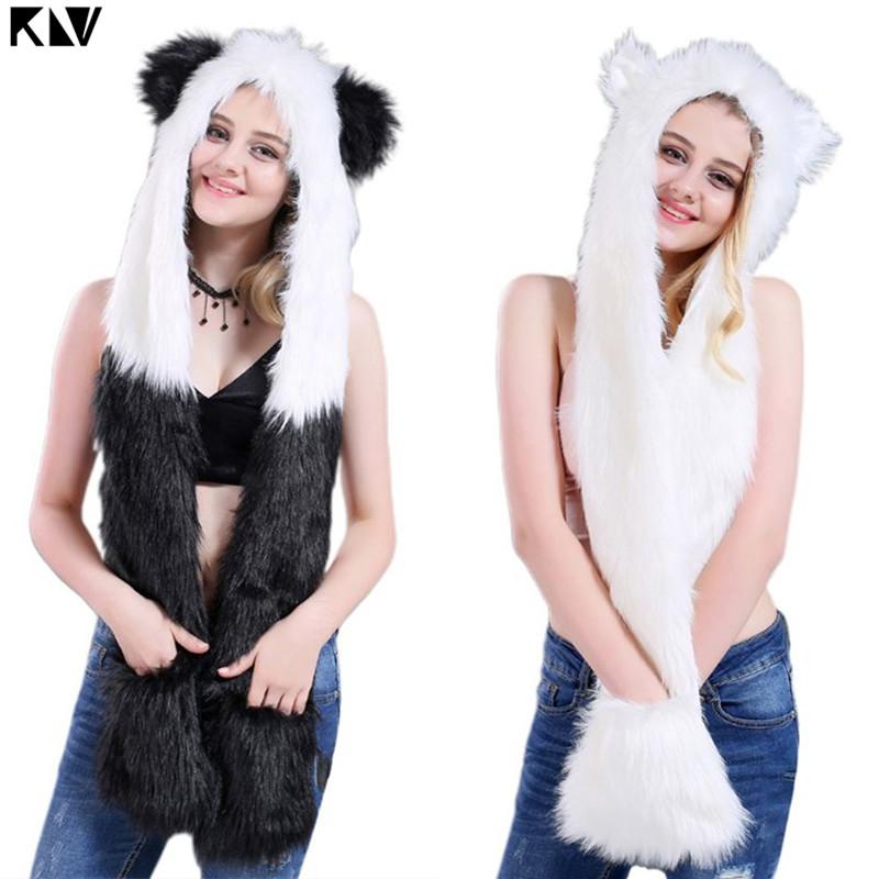 3 Trong 1 Nam Nữ Xòe Sang Trọng Động Vật Sói Con Báo Hood Khăn Choàng Nón Chân Lông Găng Tay Hở Ngón Tay Giữ Ấm Mùa Đông earflap Máy Bay Ném Bom Nắp