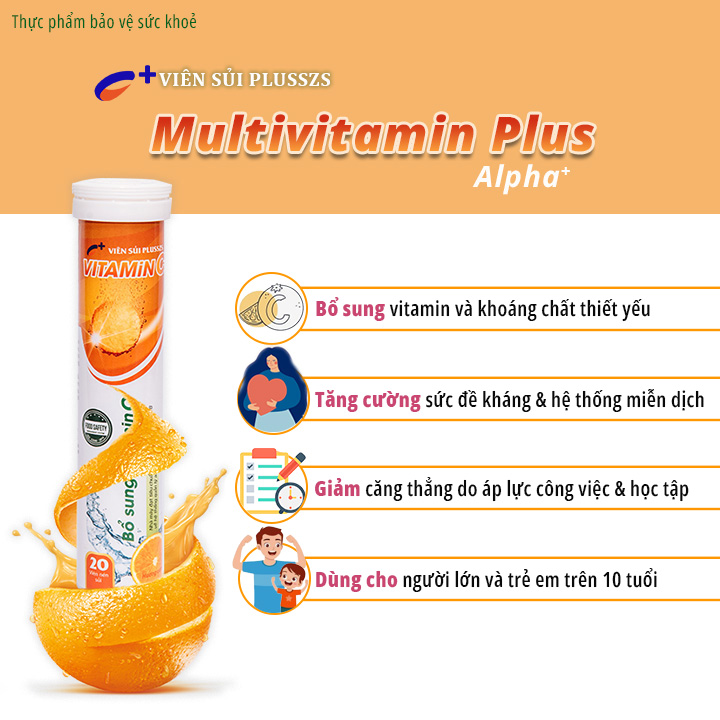 Viên sủi tăng cường đề kháng Alpha Plusszs Vitamin C hương cam thanh mát bổ sung vitamin và khoáng chất thiết yếu hỗ trợ sức khoẻ. Hộp 20 viên