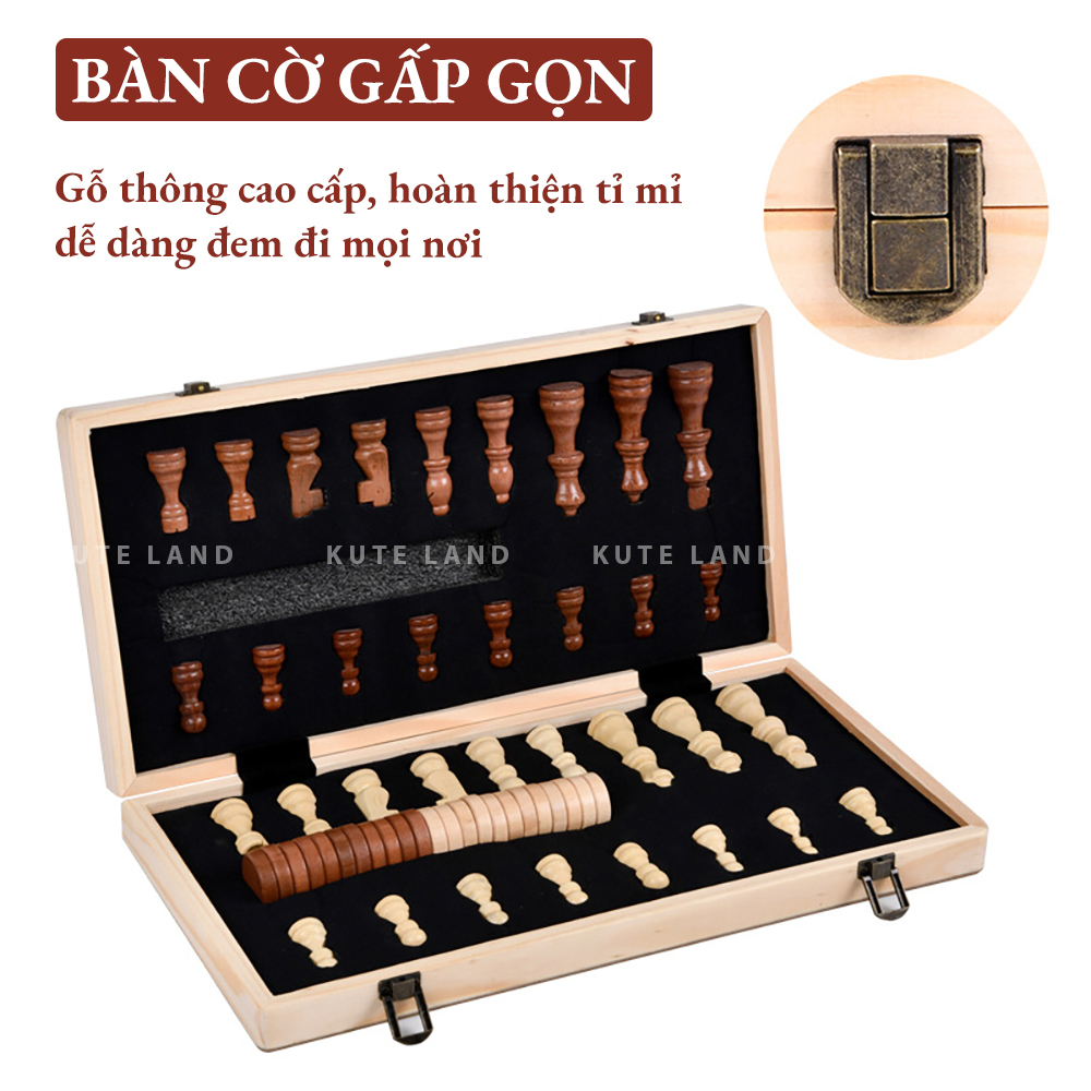 Bộ Cờ Vua Gỗ Nam Châm Cao Cấp 39x39 Cm Có Thể Gấp Gọn Có Nệm Lót Tặng Kèm 2 Hậu, Túi Đựng Cờ, 24 Quân Cờ Checkers