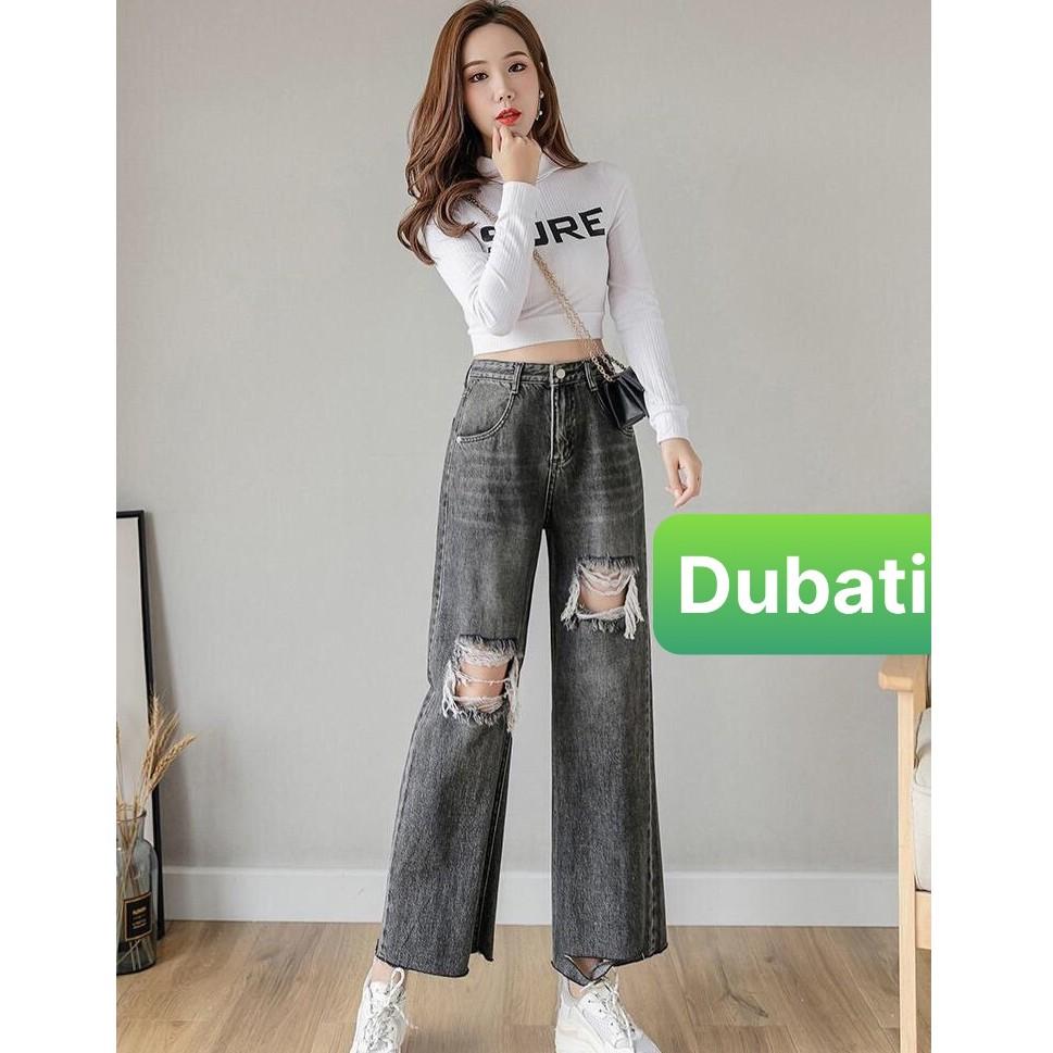 QUẦN BAGGY JEAN NỮ CẠP RÁCH ỐNG RỘNG LOE LƯNG CAO NÂNG MÔNG CAO CẤP XÁM TRO 102 - DUBATI FASHION