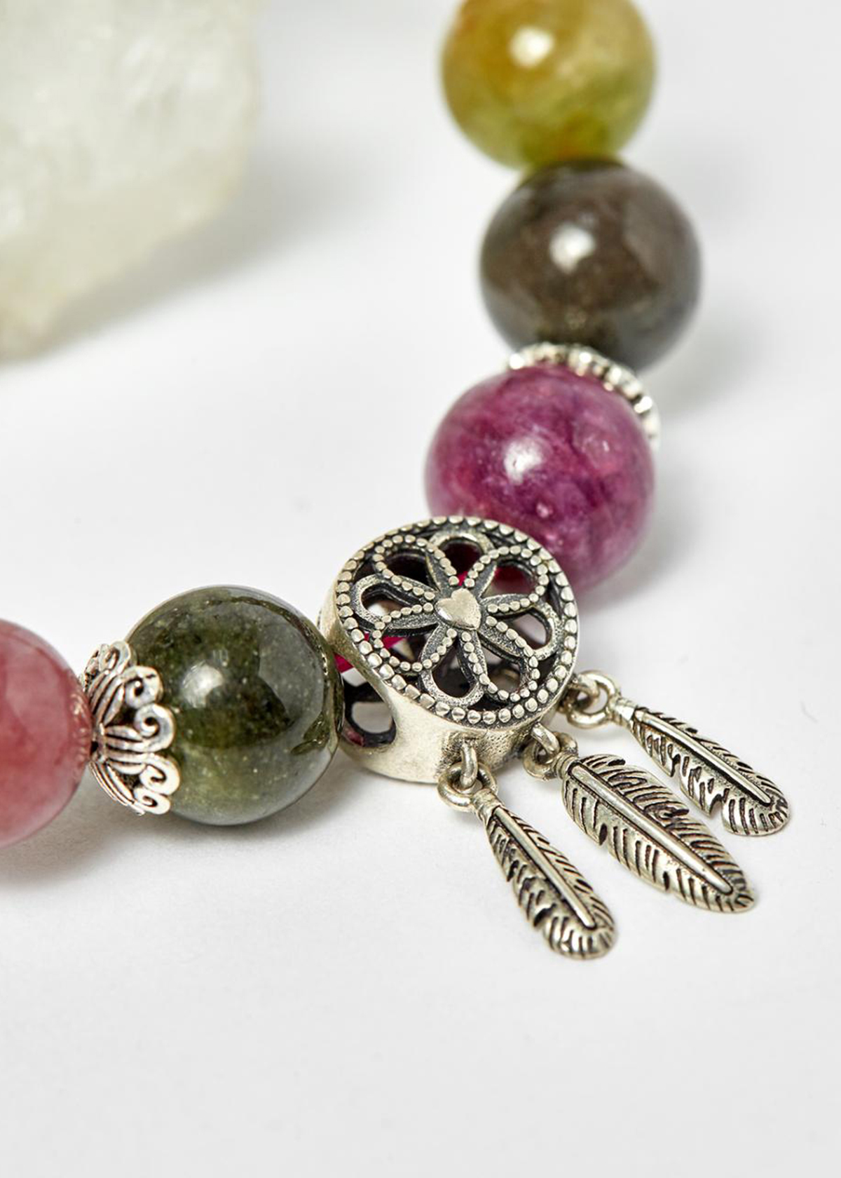 Vòng tourmaline đa sắc phối charm dreamcatcher bạc 10mm - Ngọc Quý Gemstones