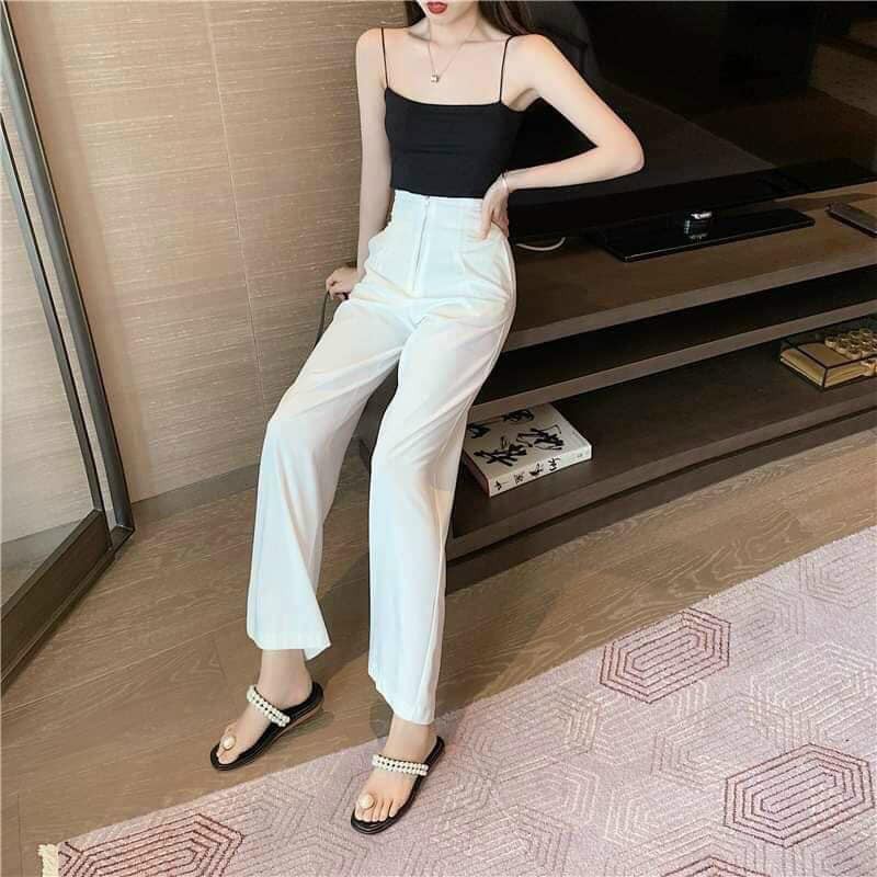 Quần ống rộng khoá dài không khuy mix với crop-top siêu cá tính