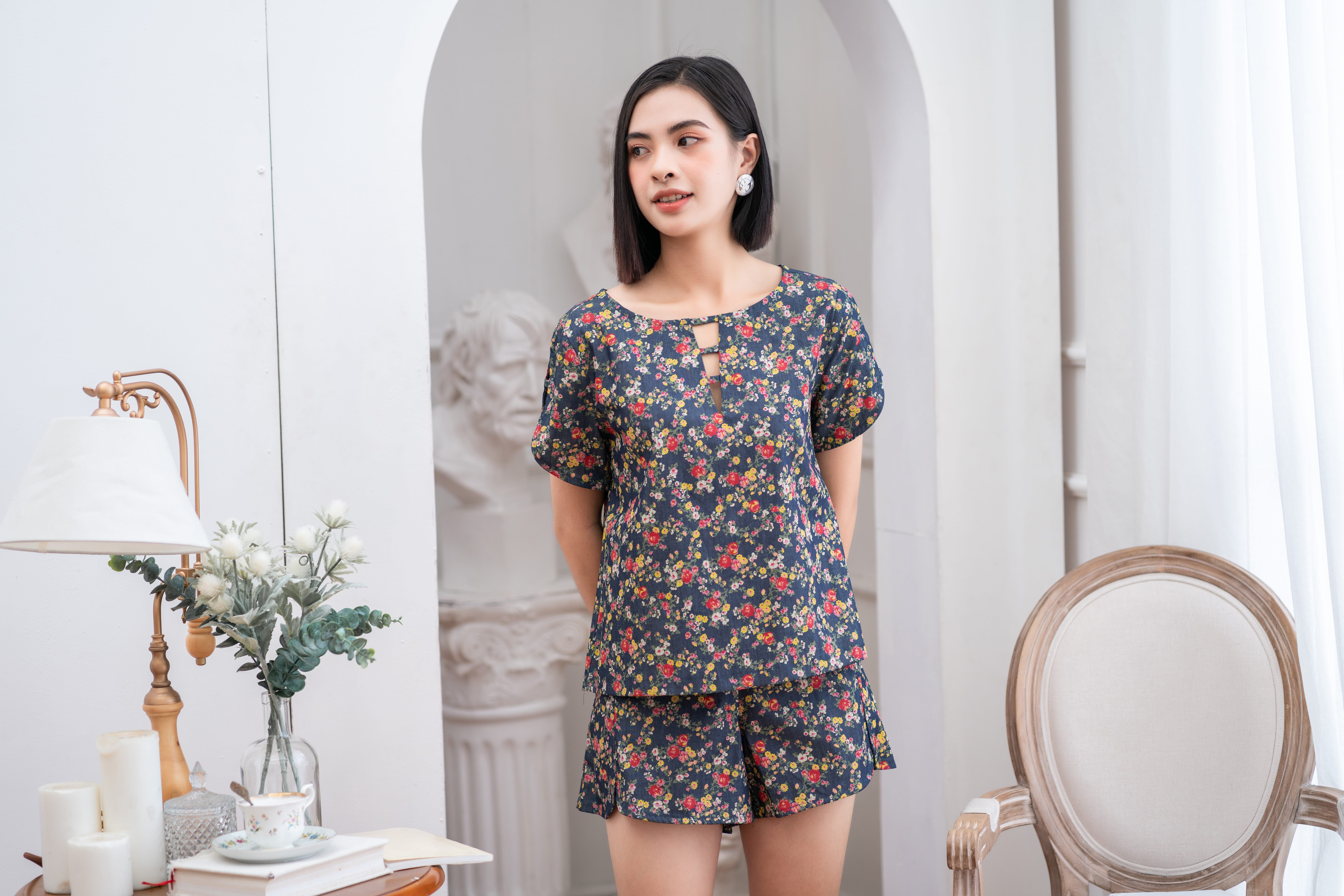 Đồ bộ đùi có tay đan dây nhiều hoa