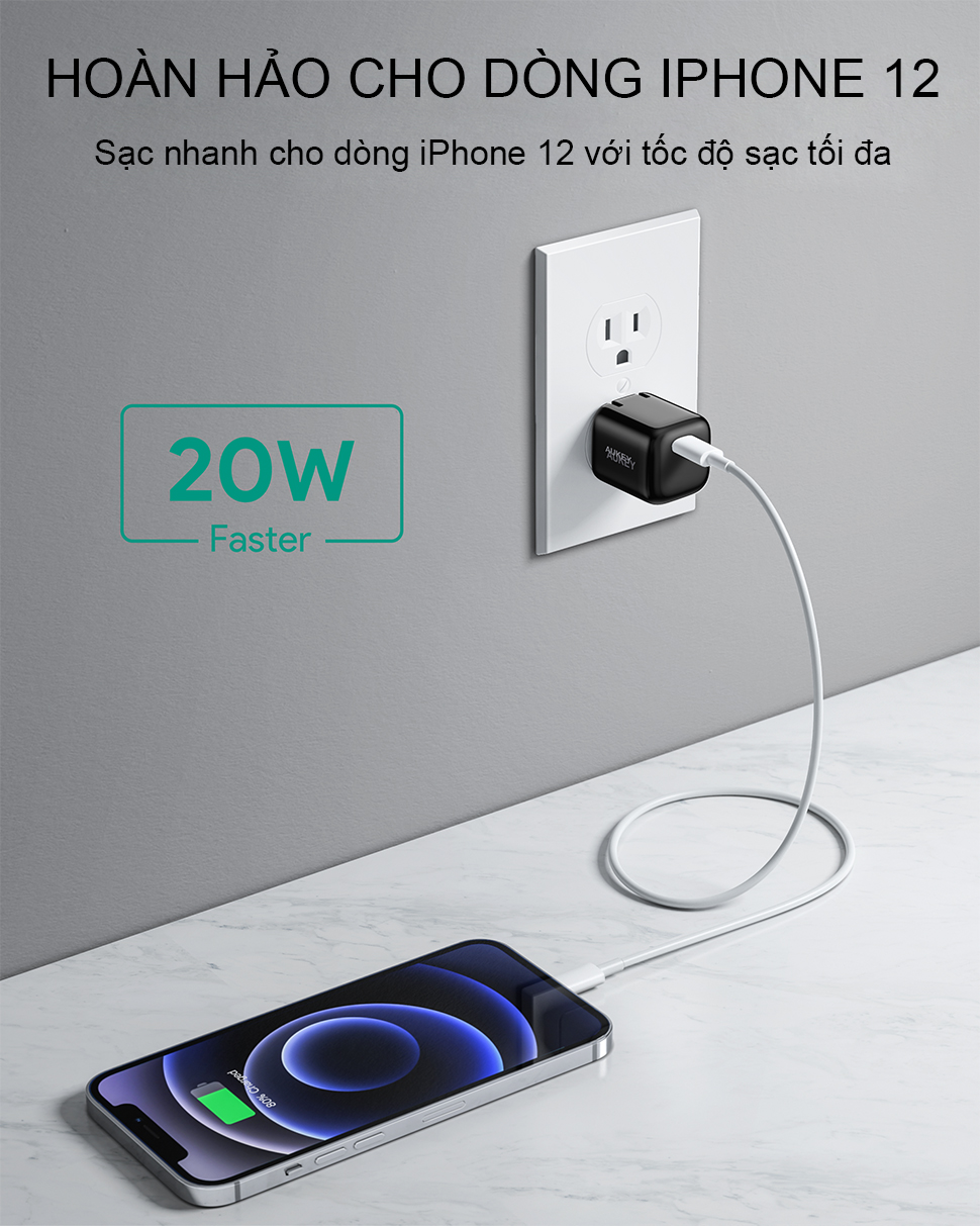 Hàng chính hãng- Bộ Cáp và Củ sạc cho Iphone hiệu Aukey 20W TypeC to Lightning , MFI dài 1m