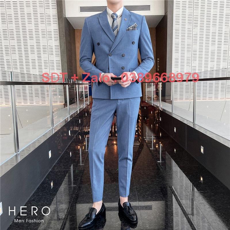 Bộ Vest Nam Hàn Quốc 6 Cúc Màu Xanh, Chất vải sịn, Fom Dáng Đẹp, Bộ Suit Nam 6 Cúc
