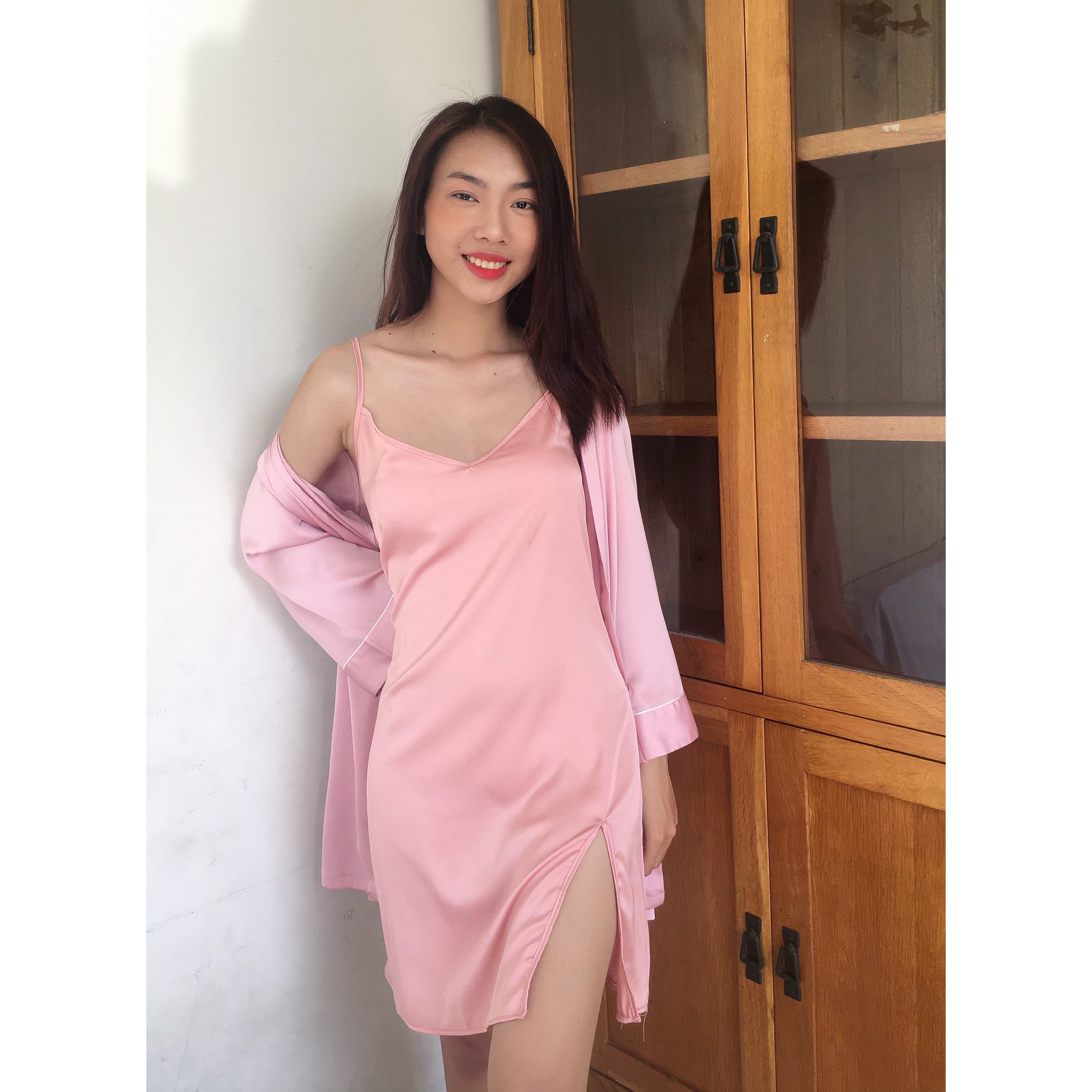 [HATU SLEEPWEAR] Set áo choàng+váy ngủ lụa cao cấp sang trọng tặng kèm quần chip ren-Màu hồng