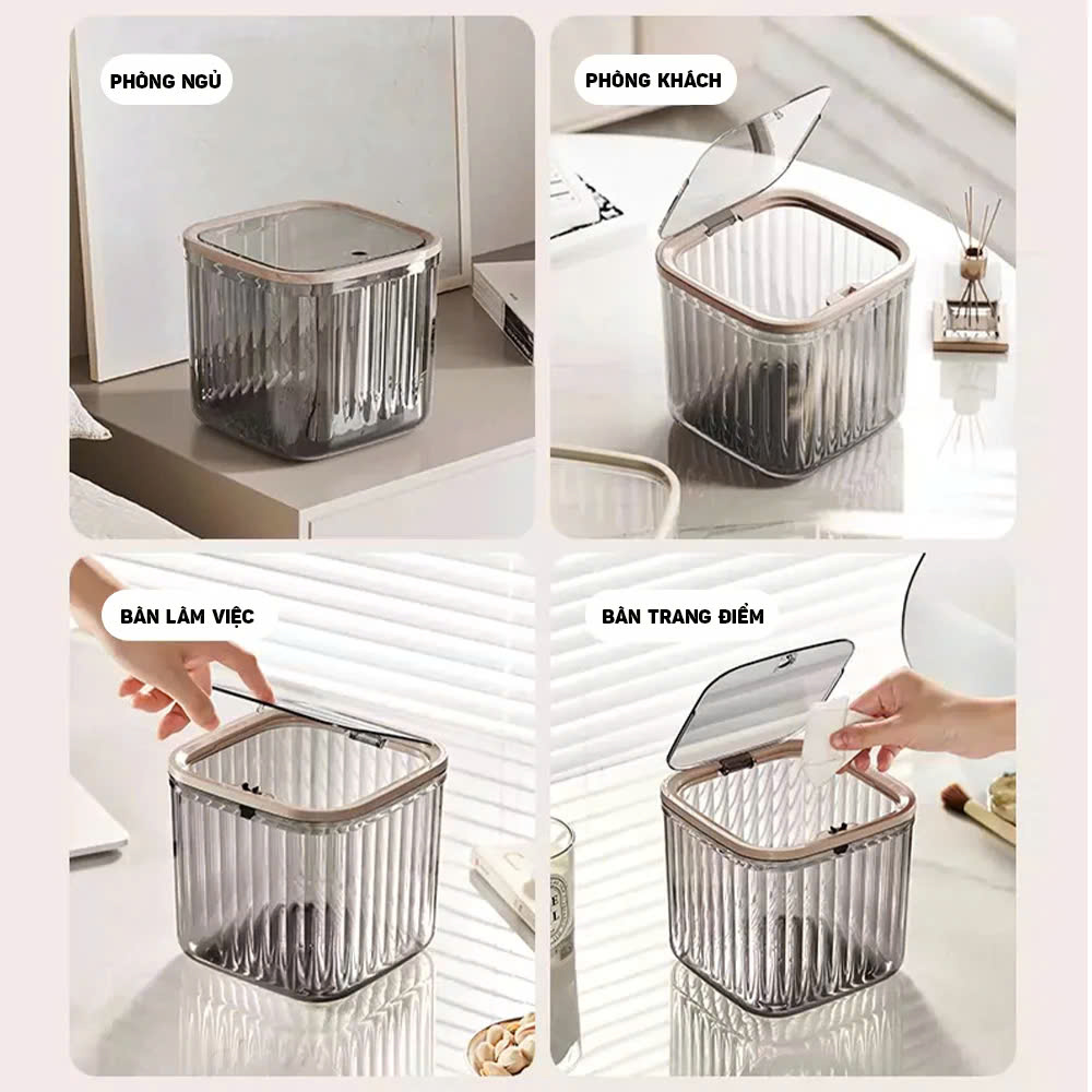 Hộp Rác Mini Để Bàn Văn Phòng, Hộp Đựng Rác Trong Suốt Có Nắp Bật - Hàng chính hãng