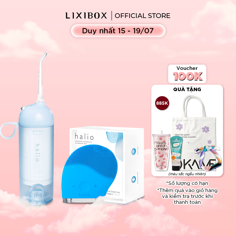 Combo Máy Tăm Nước Cầm Tay Halio UltraClean Blue Và Máy Rửa Mặt Halio Facial Cleansing &amp; Massaging Sky Blue