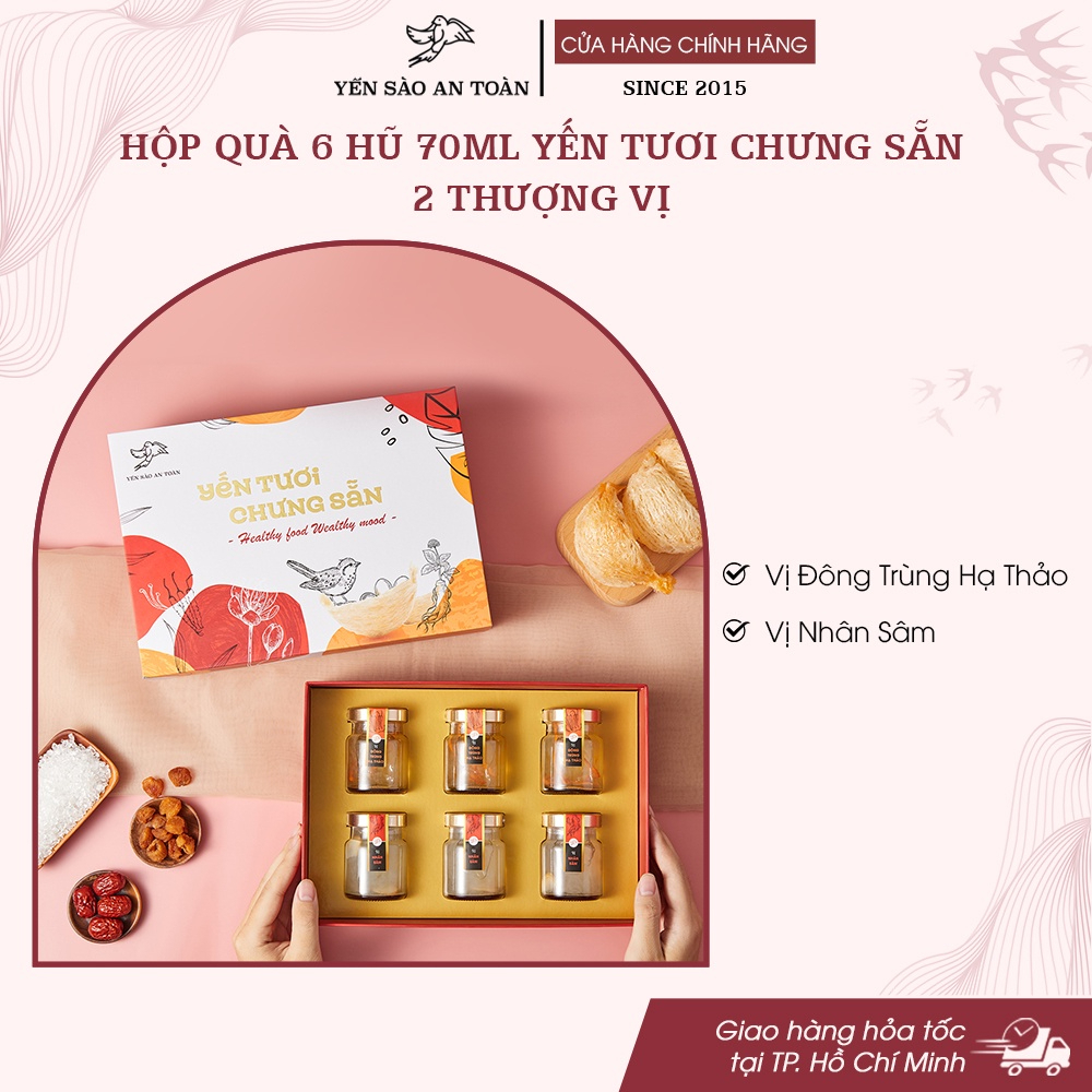 Hộp quà tặng cho người lớn tuổi yến chưng sẵn thượng vị nhân sâm và đông trùng hạ thảo từ Yến Sào An Toàn